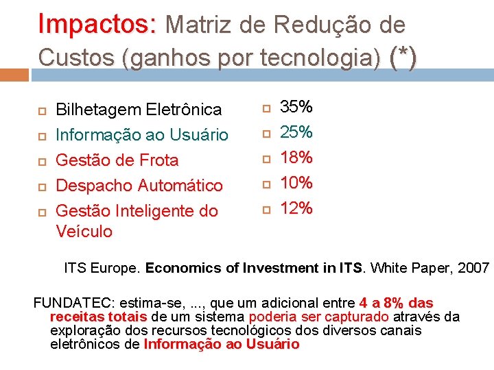 Impactos: Matriz de Redução de Custos (ganhos por tecnologia) (*) Bilhetagem Eletrônica Informação ao