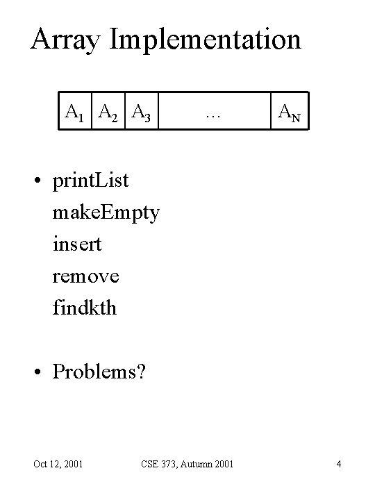 Array Implementation A 1 A 2 A 3 … AN • print. List make. Array Implementation A 1 A 2 A 3 … AN • print. List make.