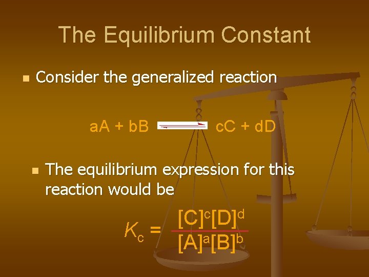 The Equilibrium Constant n Consider the generalized reaction a. A + b. B n