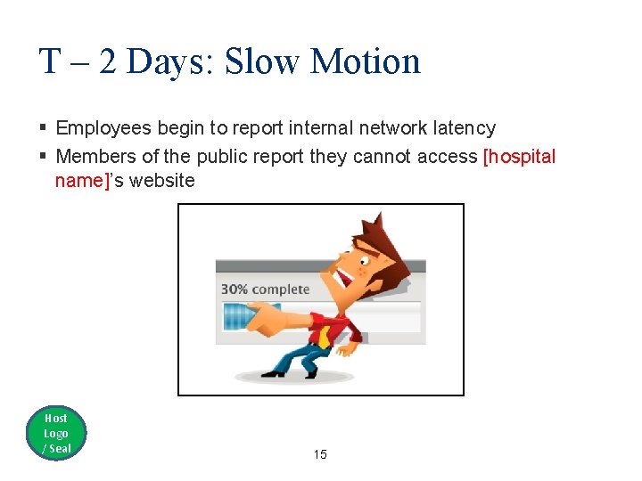 T – 2 Days: Slow Motion § Employees begin to report internal network latency