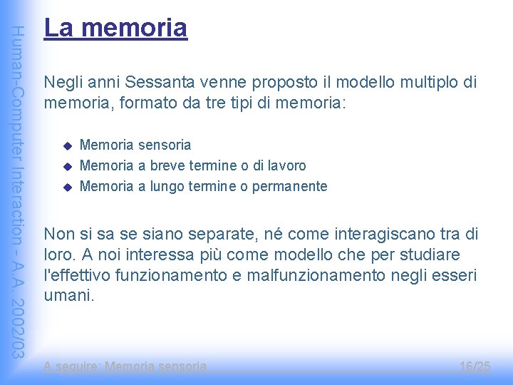 Human-Computer Interaction - A. A. 2002/03 La memoria Negli anni Sessanta venne proposto il