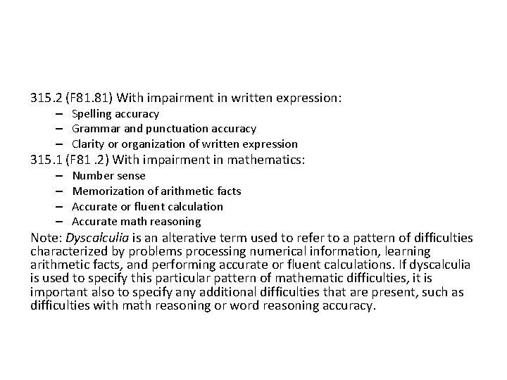 315. 2 (F 81. 81) With impairment in written expression: – Spelling accuracy –