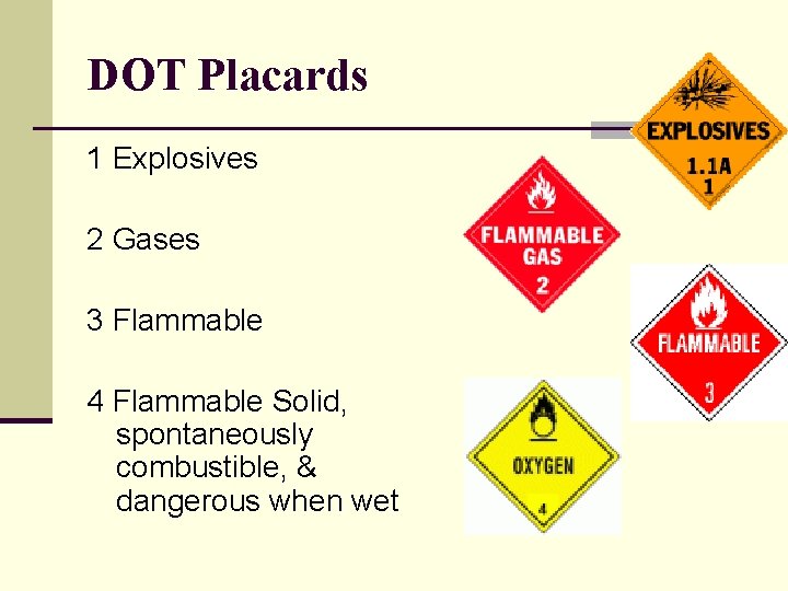 DOT Placards 1 Explosives 2 Gases 3 Flammable 4 Flammable Solid, spontaneously combustible, &