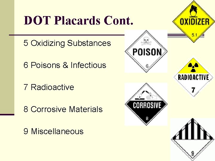 DOT Placards Cont. 5 Oxidizing Substances 6 Poisons & Infectious 7 Radioactive 8 Corrosive