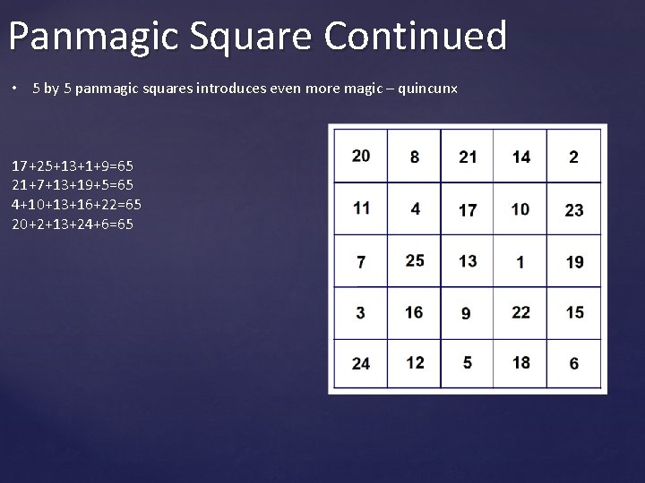 Panmagic Square Continued • 5 by 5 panmagic squares introduces even more magic –