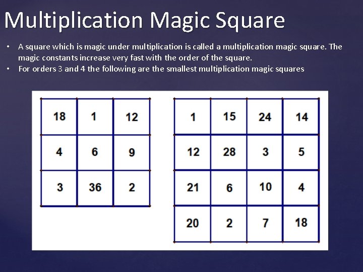 Multiplication Magic Square • A square which is magic under multiplication is called a