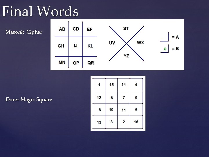 Final Words Masonic Cipher Durer Magic Square 