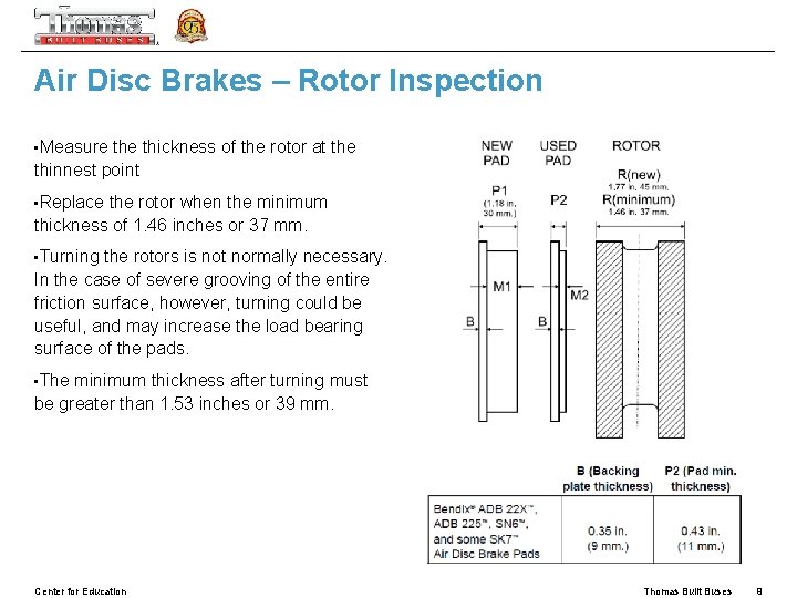 Air Disc Brakes – Rotor Inspection • Measure thickness of the rotor at the
