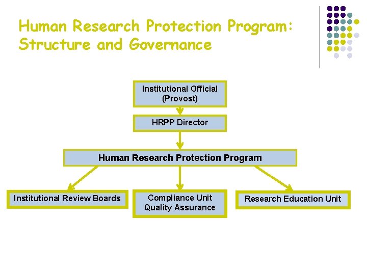 Human Research Protection Program: Structure and Governance Institutional Official (Provost) HRPP Director Human Research