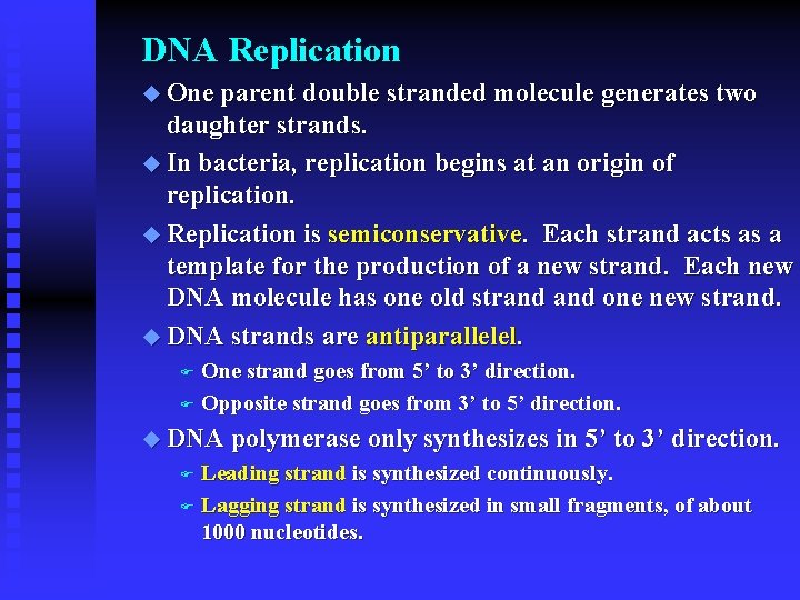 DNA Replication u One parent double stranded molecule generates two daughter strands. u In