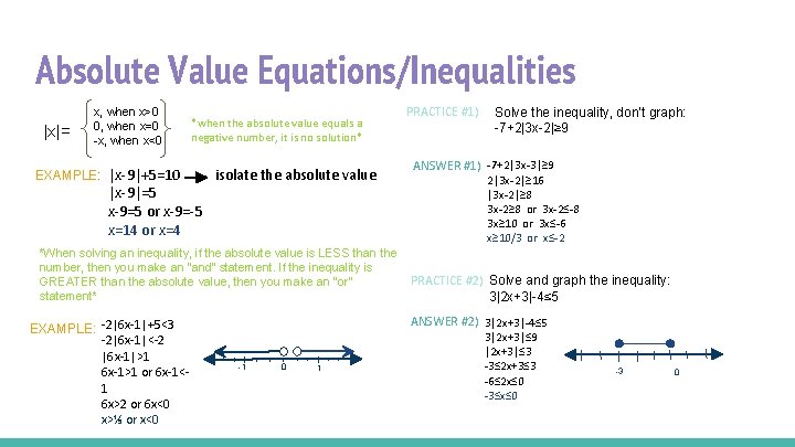 Absolute Value Equations/Inequalities |x|= x, when x>0 0, when x=0 -x, when x<0 EXAMPLE: