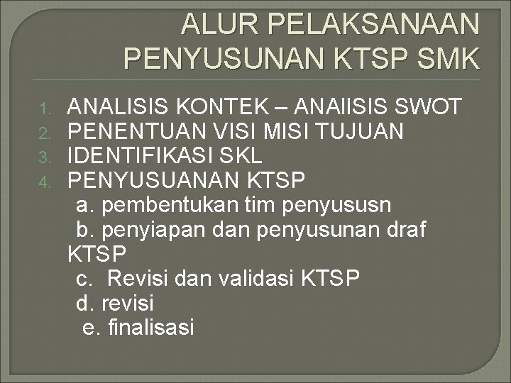 ALUR PELAKSANAAN PENYUSUNAN KTSP SMK 1. 2. 3. 4. ANALISIS KONTEK – ANAl. ISIS