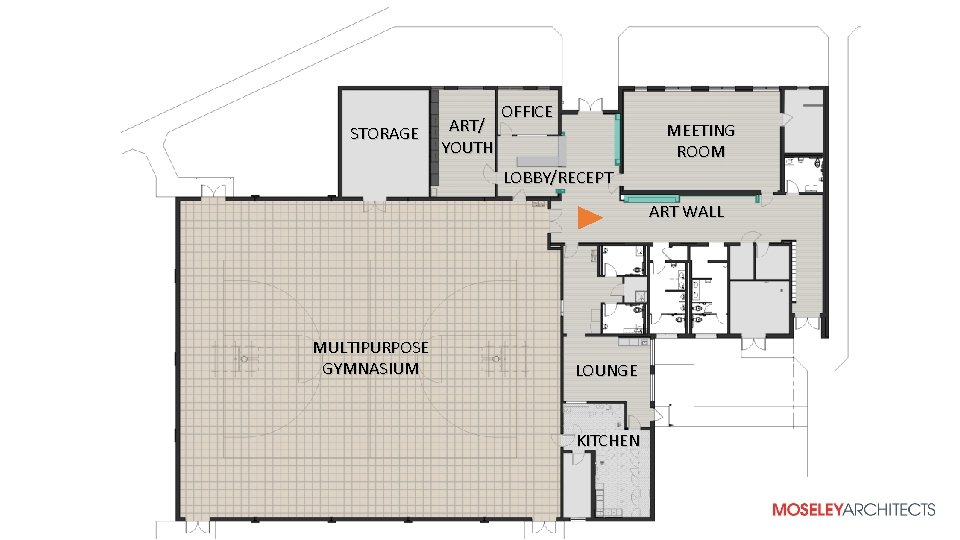 FLOOR PLAN STORAGE ART/ YOUTH OFFICE MEETING ROOM LOBBY/RECEPT ART WALL MULTIPURPOSE GYMNASIUM LOUNGE