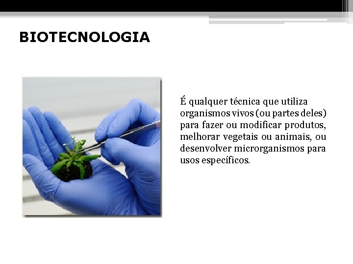 BIOTECNOLOGIA É qualquer técnica que utiliza organismos vivos (ou partes deles) para fazer ou