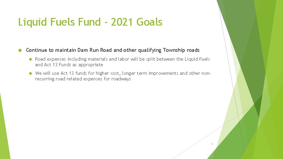 Liquid Fuels Fund - 2021 Goals Continue to maintain Dam Run Road and other