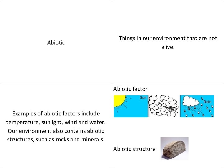 Abiotic Things in our environment that are not alive. Abiotic factor Examples of abiotic