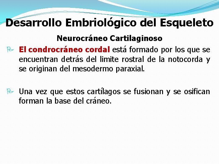 Desarrollo Embriológico del Esqueleto Neurocráneo Cartilaginoso P El condrocráneo cordal está formado por los