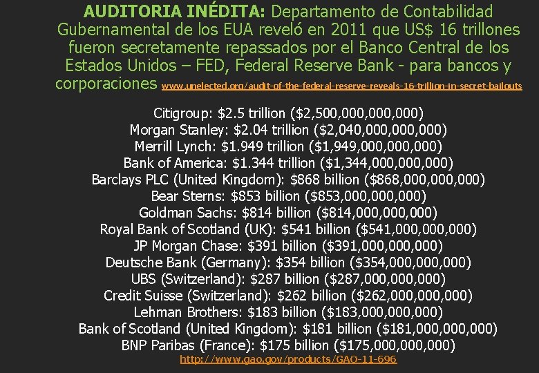 AUDITORIA INÉDITA: Departamento de Contabilidad Gubernamental de los EUA reveló en 2011 que US$