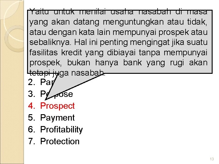 Yaitu untuk menilai usaha nasabah di masa yang akan datang menguntungkan atau tidak, PRINSIP