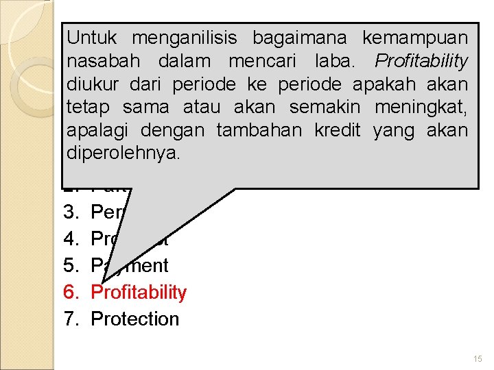 Untuk menganilisis bagaimana kemampuan PRINSIP PEMBERIAN KREDIT nasabah dalam mencari laba. Profitability diukur dari