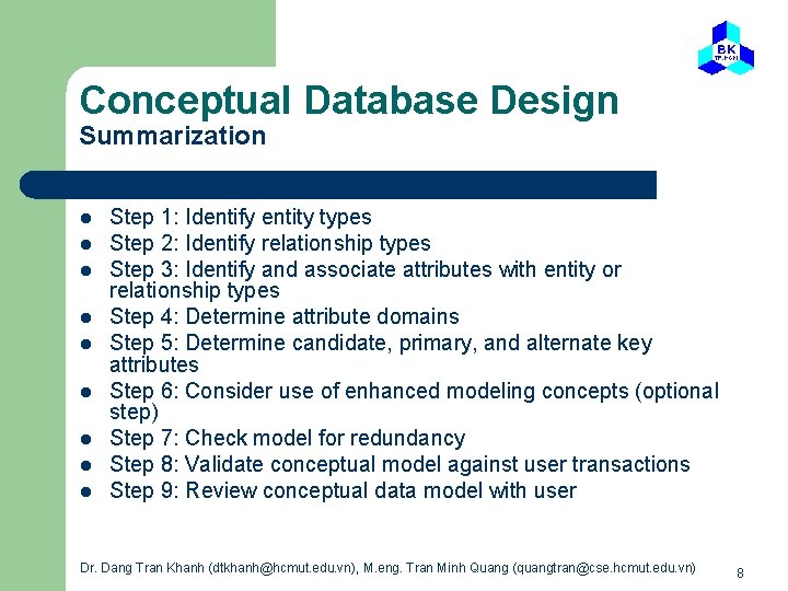 Conceptual Database Design Summarization l l l l l Step 1: Identify entity types