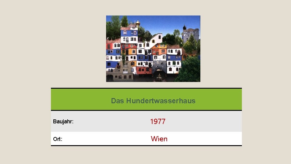 Das Hundertwasserhaus Baujahr: 1977 Ort: Wien 