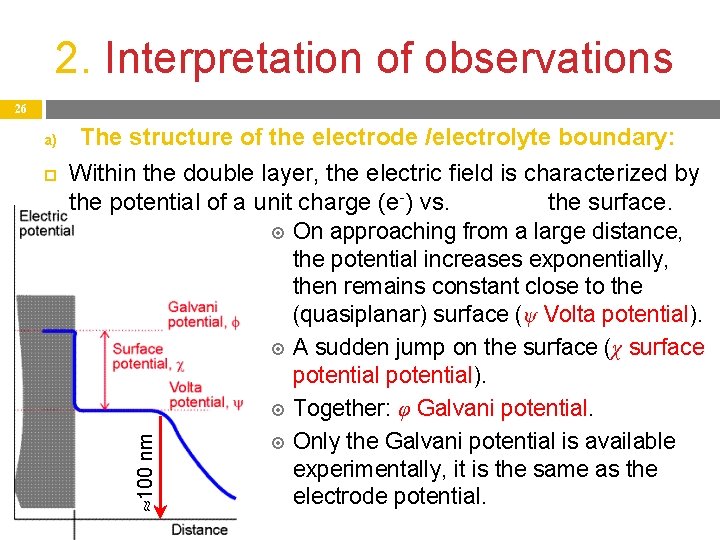 2. Interpretation of observations 26 The structure of the electrode /electrolyte boundary: Within the