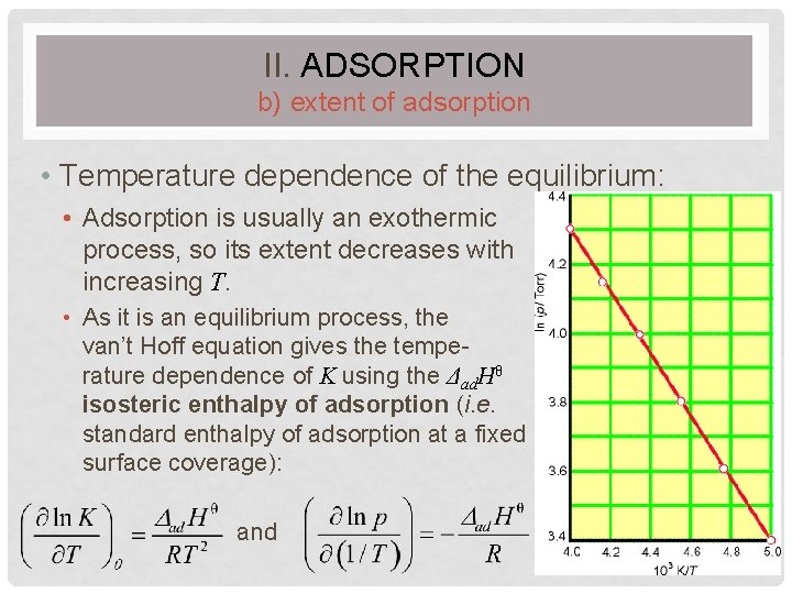 II. ADSORPTION b) extent of adsorption • Temperature dependence of the equilibrium: • Adsorption