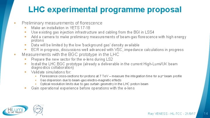 LHC experimental programme proposal § Preliminary measurements of florescence § § § Make an