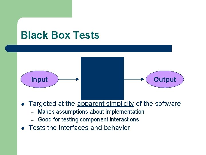 Black Box Tests Input l Targeted at the apparent simplicity of the software –