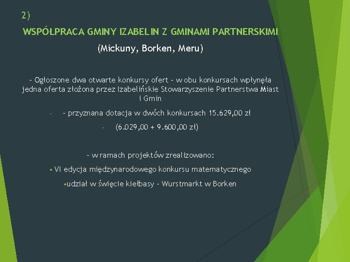 2) WSPÓŁPRACA GMINY IZABELIN Z GMINAMI PARTNERSKIMI (Mickuny, Borken, Meru) - Ogłoszone dwa otwarte