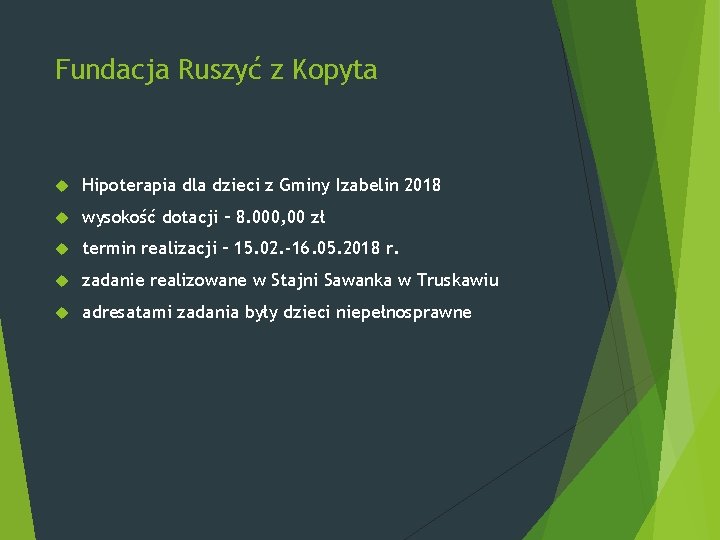 Fundacja Ruszyć z Kopyta Hipoterapia dla dzieci z Gminy Izabelin 2018 wysokość dotacji –