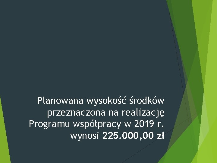 Planowana wysokość środków przeznaczona na realizację Programu współpracy w 2019 r. wynosi 225. 000,