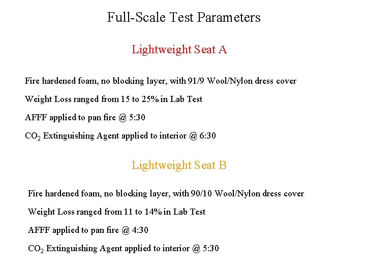 Full-Scale Test Parameters Lightweight Seat A Fire hardened foam, no blocking layer, with 91/9