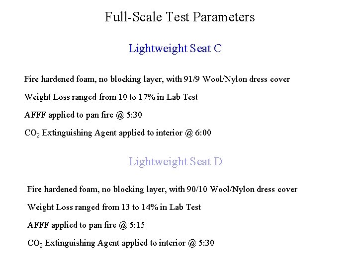 Full-Scale Test Parameters Lightweight Seat C Fire hardened foam, no blocking layer, with 91/9