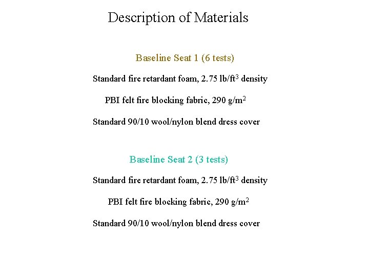 Description of Materials Baseline Seat 1 (6 tests) Standard fire retardant foam, 2. 75