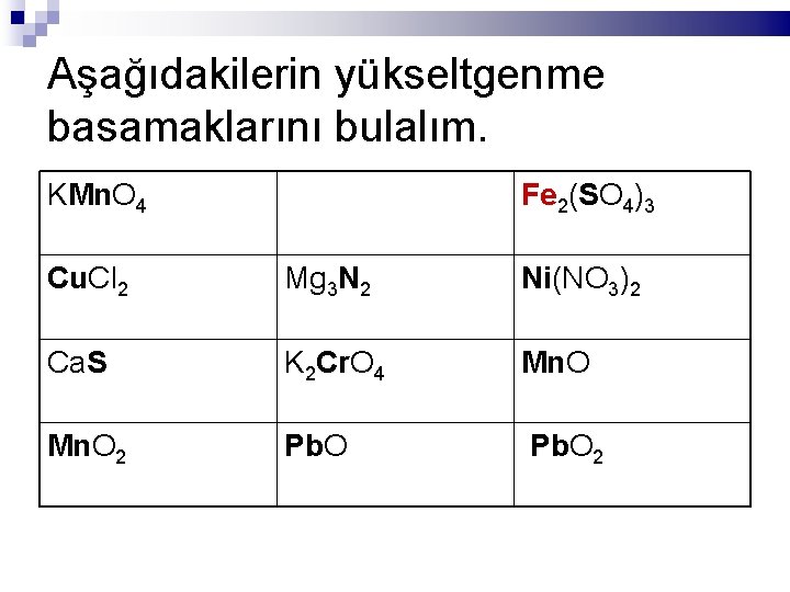 Aşağıdakilerin yükseltgenme basamaklarını bulalım. KMn. O 4 Fe 2(SO 4)3 Cu. Cl 2 Mg