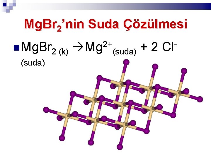 Mg. Br 2’nin Suda Çözülmesi Mg. Br 2 (k) (suda) Mg 2+(suda) + 2