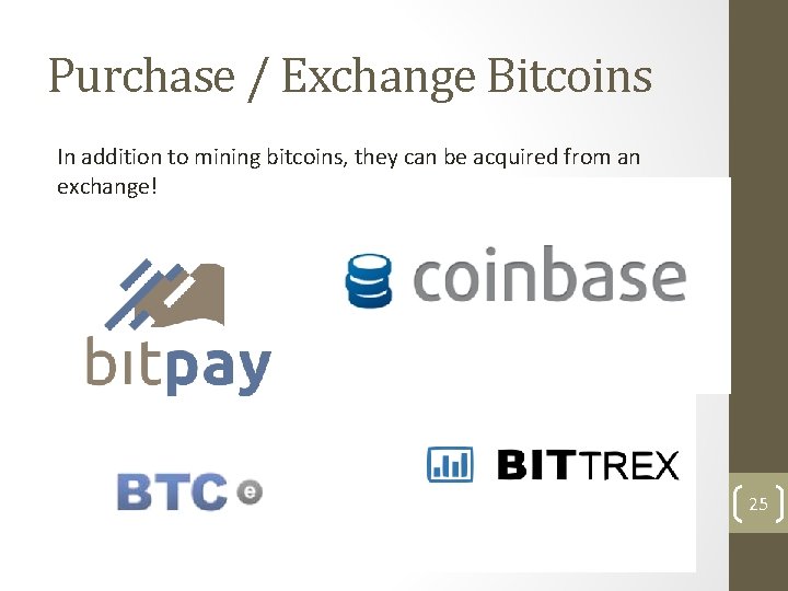 Purchase / Exchange Bitcoins In addition to mining bitcoins, they can be acquired from