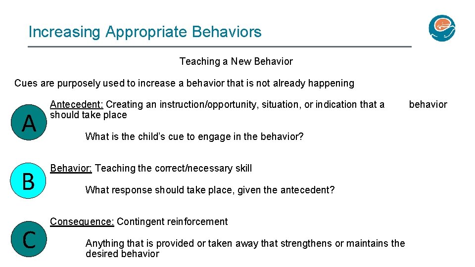 Increasing Appropriate Behaviors Teaching a New Behavior Cues are purposely used to increase a