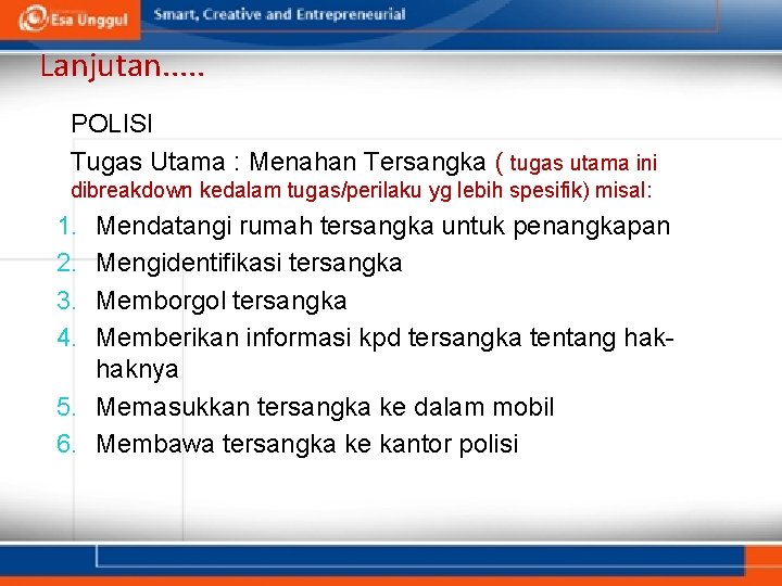 Lanjutan. . . POLISI Tugas Utama : Menahan Tersangka ( tugas utama ini dibreakdown