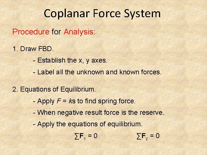 Coplanar Force System Procedure for Analysis: 1. Draw FBD. - Establish the x, y