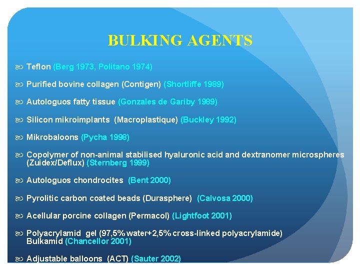 BULKING AGENTS Teflon (Berg 1973, Politano 1974) Purified bovine collagen (Contigen) (Shortliffe 1989) Autologuos