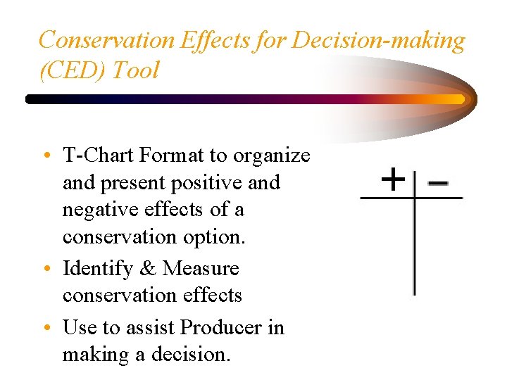 Conservation Effects for Decision-making (CED) Tool • T-Chart Format to organize and present positive