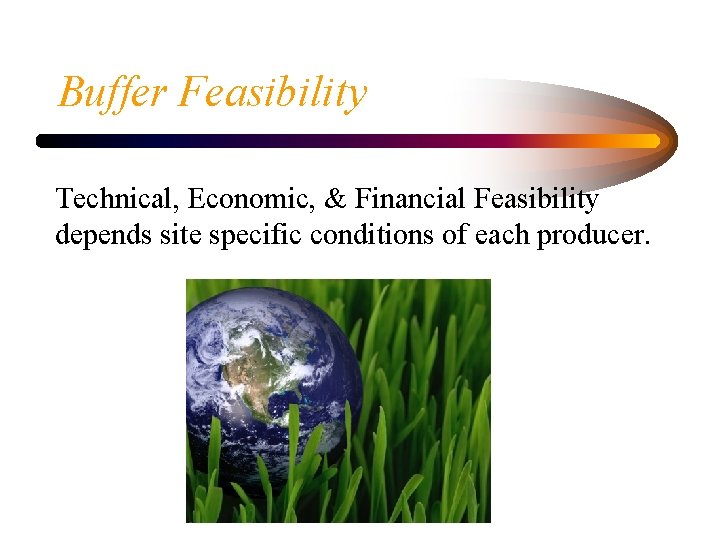 Buffer Feasibility Technical, Economic, & Financial Feasibility depends site specific conditions of each producer.