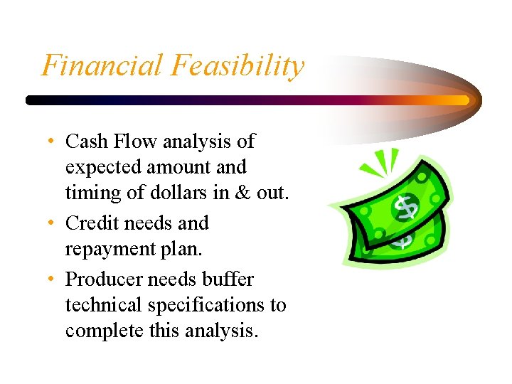 Financial Feasibility • Cash Flow analysis of expected amount and timing of dollars in