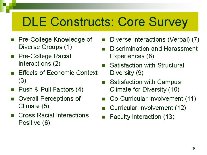 DLE Constructs: Core Survey n n n Pre-College Knowledge of Diverse Groups (1) Pre-College