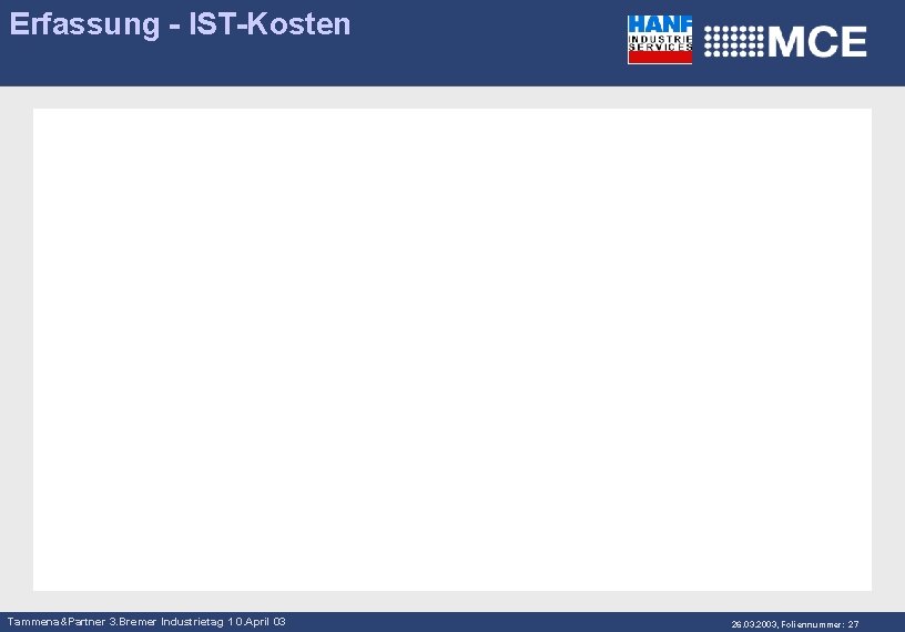 Erfassung - IST-Kosten Tammena&Partner 3. Bremer Industrietag 1 0. April 03 26. 03. 2003,