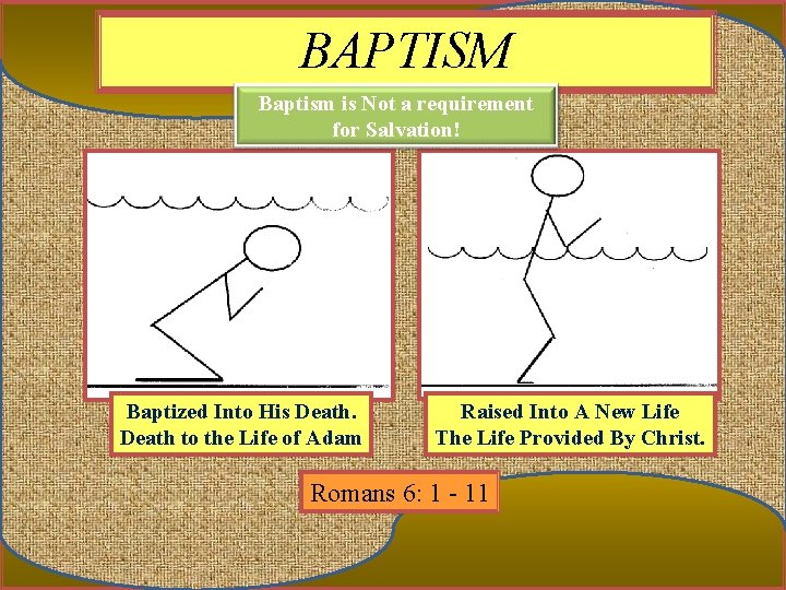 BAPTISM Baptism is Not a requirement for Salvation! Baptized Into His Death to the
