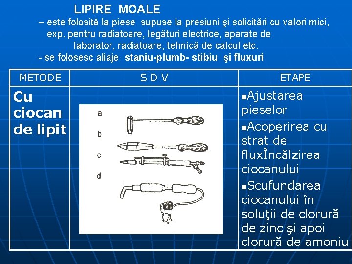 LIPIRE MOALE – este folosită la piese supuse la presiuni şi solicitări cu valori